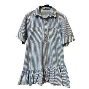Zara Blue and White Striped Ruffled Collared Mini Dress women’s Size S Beach